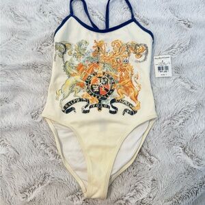 Polo by Ralph Lauren White One-Piece Swim with Gold and Navy Heraldic Print